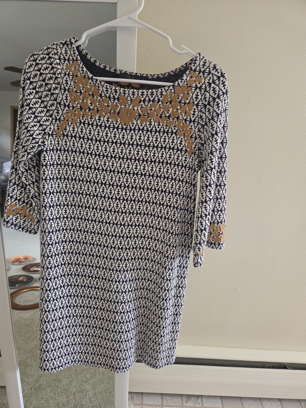 THML Navy and White Geometric Long-Sleeve Shift Dress with Gold Embroidery